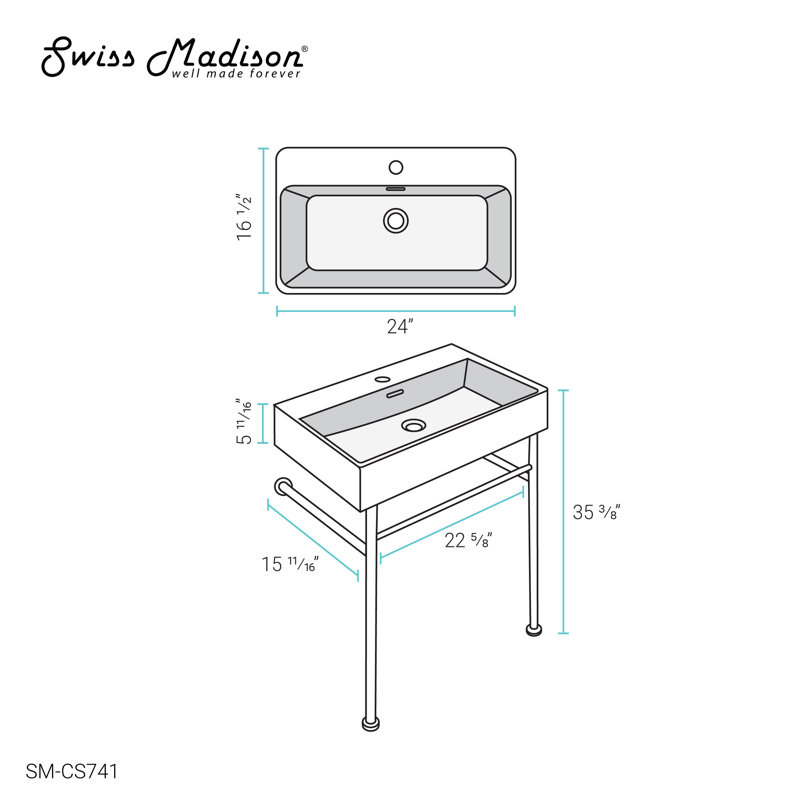 Lavabo console en céramique Claire, H 35 po x l 16 po x L 16 po, Lavabo blanc / pieds blancs