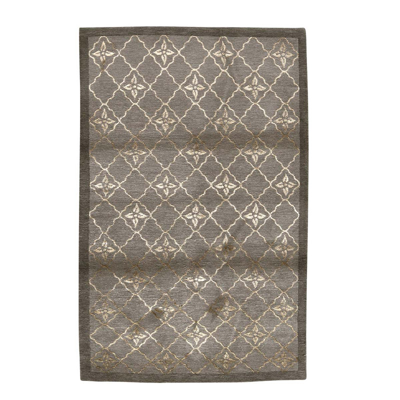 Tapis géométrique gris / ivoire en laine noué à la main 2 pi x 3 pi