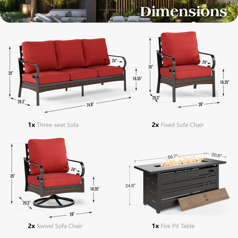 7 - Person Outdoor Patio Conversation Set With 2 Swivel Lounge Chairs & Fire Pit Table, Black/Red/Black