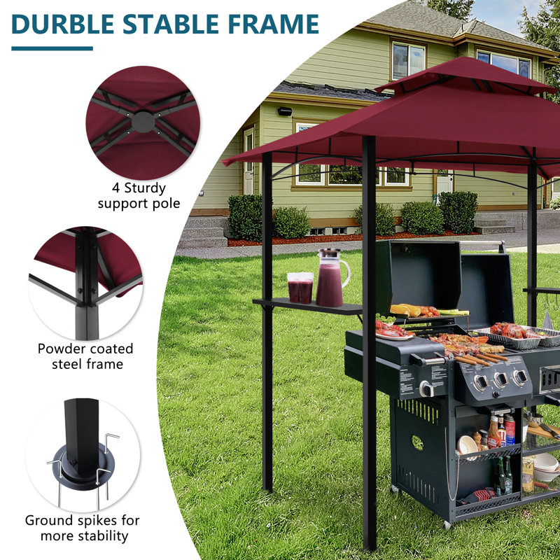 8' x 5' Grill Gazebo, 2-Tier Grill Gazebo, Outdoor BBQ Gazebo Canopy with 2 LED Lights, Double Roof BBQ Gazebo Shelter for Patio, Backyard and More