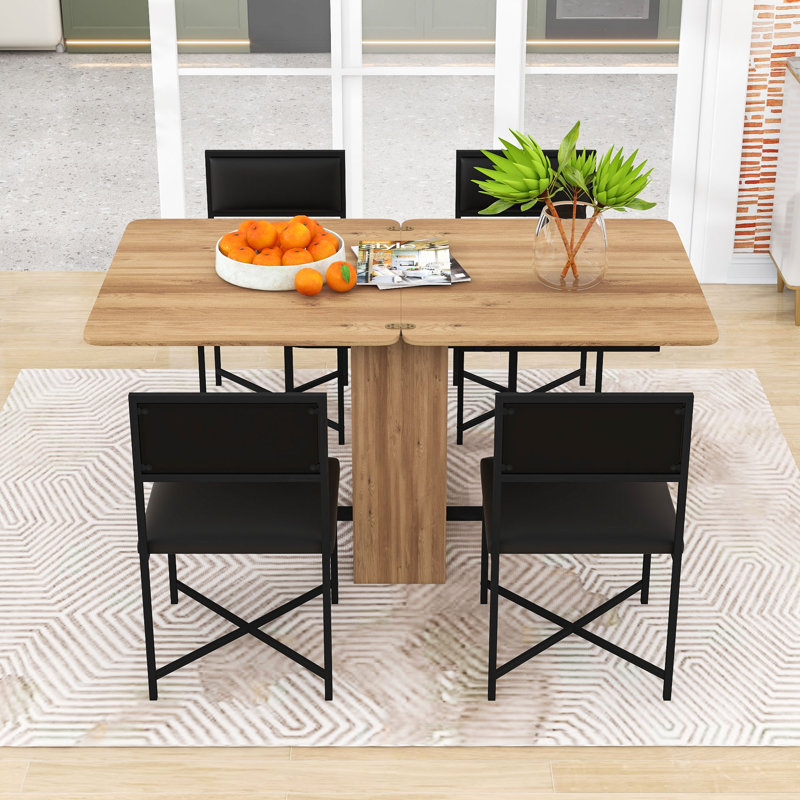 5-Piece Space-Saving Extendable Dining Table Set with Storage Rack and Upholstered Chairs, Black
