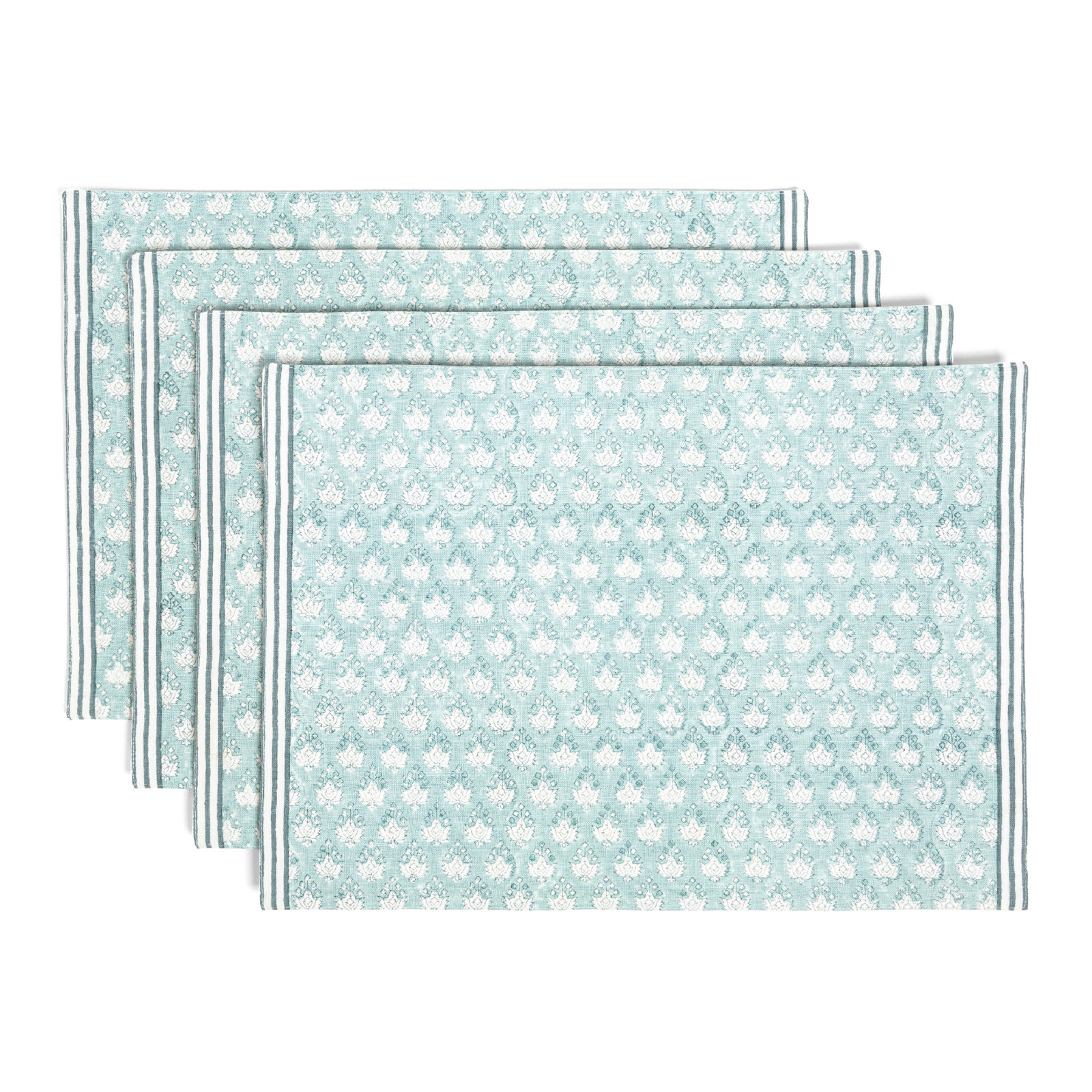 over&back Hand-Blocked Placemats, Set of 4, Blue Leaf