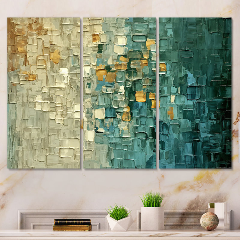 «Continuation and départ rétro or et bleu sarcelle III», ensemble de reproductions sur toile abstraites