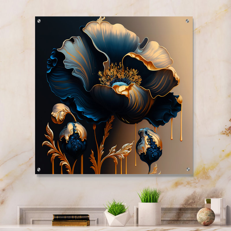 Fleur bleue profonde et or simple V - art mural floral en acrylique pour la cuisine, H 16 po x l 16 po