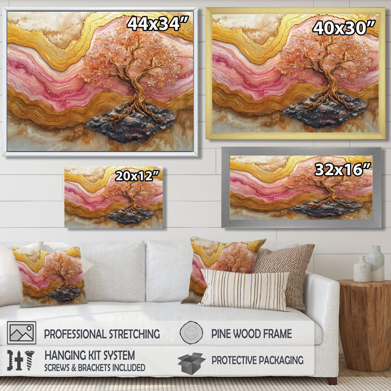 Rose et marbre doré infini arbre de vie II - arbre de vie, art mural, H 30 po x l 40 po, Impression encadrée flottante
