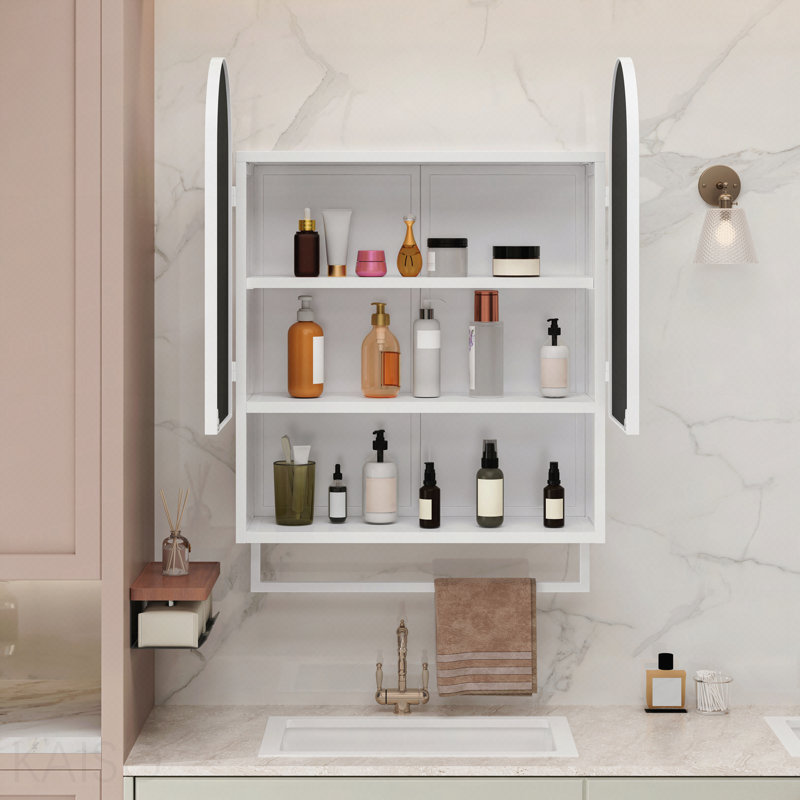 Armoire à miroir moderne à double arche avec tablettes réglables et porte-serviettes, pour le rangement dans la salle de bain, le salon et la chambre à coucher