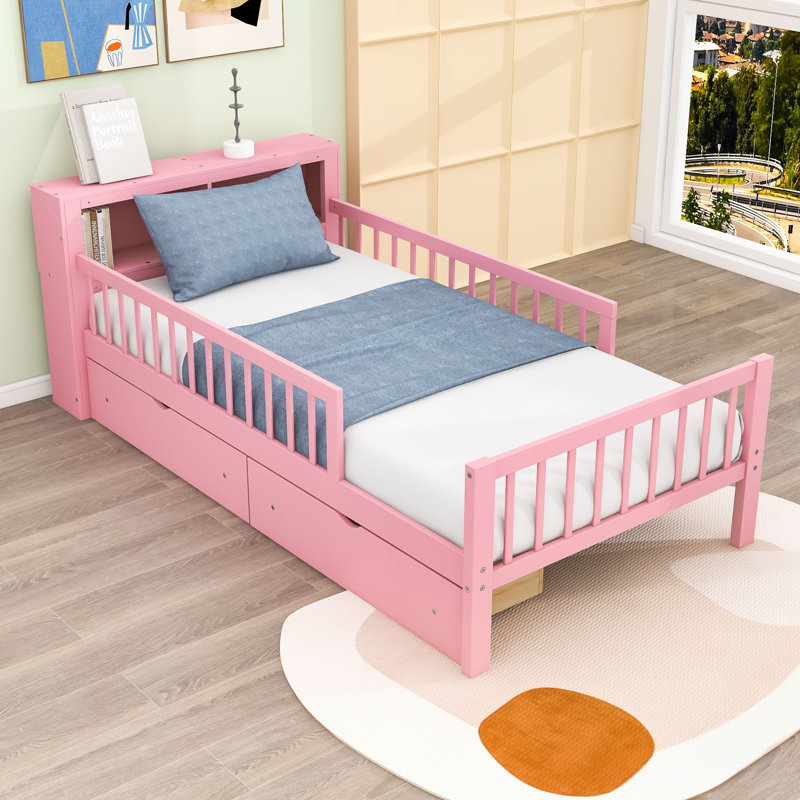 Lit simple 2 tiroirs avec rangement pour tête de lit et garde-corps, Rose