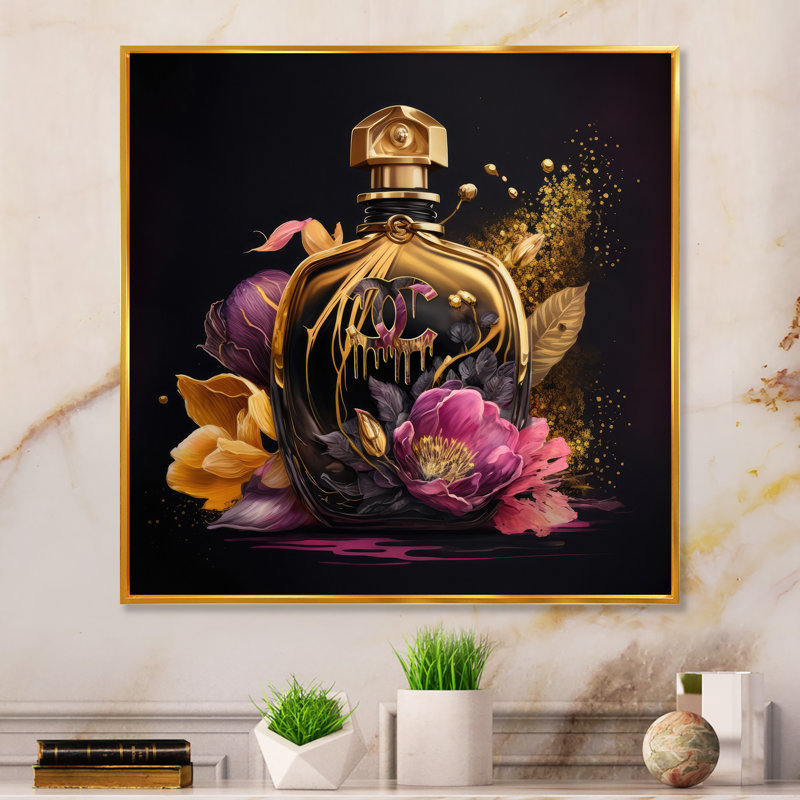 «Chic Black and Gold Perfume Bottle III», impression sur toile, H 24 po x l 24 po x P 1 po, Toile avec cadre flottant or