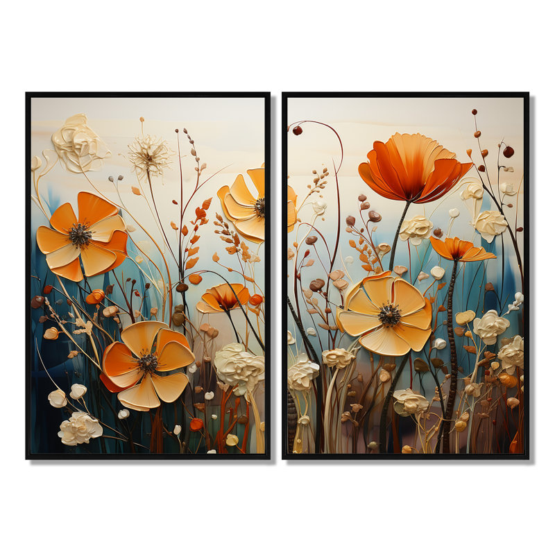 Collage de fleurs orange saisonnier saisonnier II - Art mural traditionnel, Noir, H 36 po x l 48 po