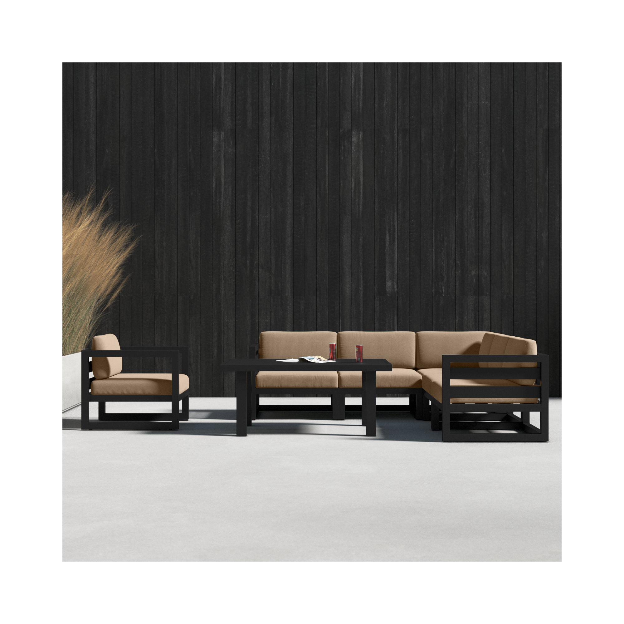 Smith 7 Piece Sectional Seating Group with Sunbrella® Cushions, Heather Beige, Black