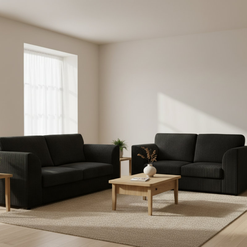 Jambo Cord 3 and 2 Seater High Back Cushion Sofa Set, Black