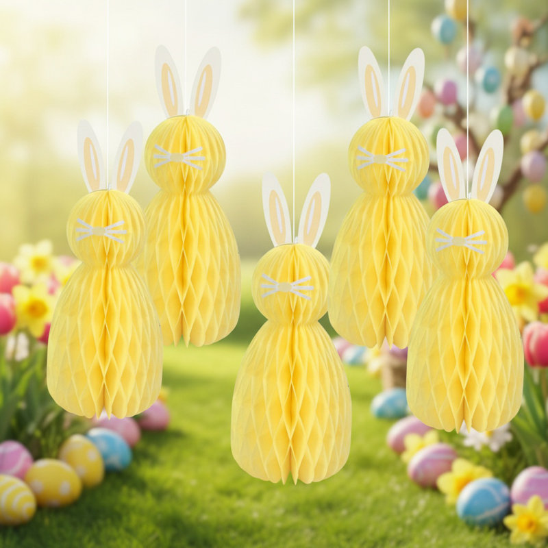 Ensemble de 5 décorations de Pâques en papier lapin de 7,8 po, Jaune