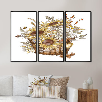 «Vintage Bouquet of Fall Sunflowers» - reproduction de cadre photo sur toile 3 pièces