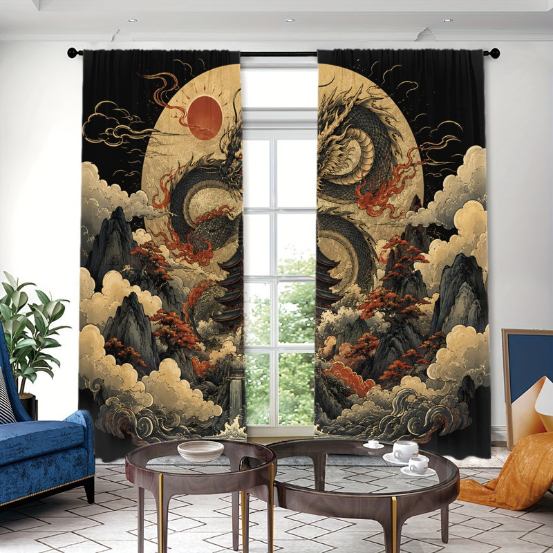2 PCS de rideaux filtrant la lumière de la pagode traditionnelle asiatique Dragon Cloud Cloud, L 52 po x H 63 po x 2 pièces