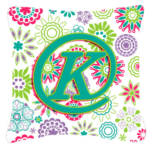 Monogramme initiale fleurs intérieur/extérieur Throw Pillow, K, 14" H x 14" L x 4" D
