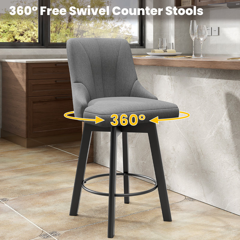 Dark Gray Fabric Upholstered Swivel Counter Stools with Wood Legs, Set of 2
