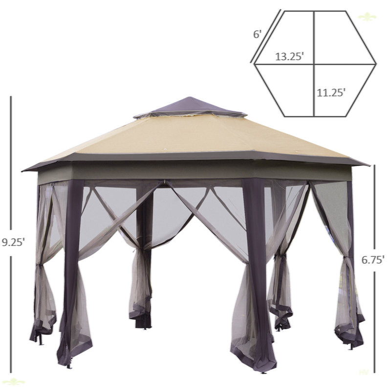 Pop Up Gazebo, Hexagonal Canopy Shelter With 6 Zippered Mesh Netting
