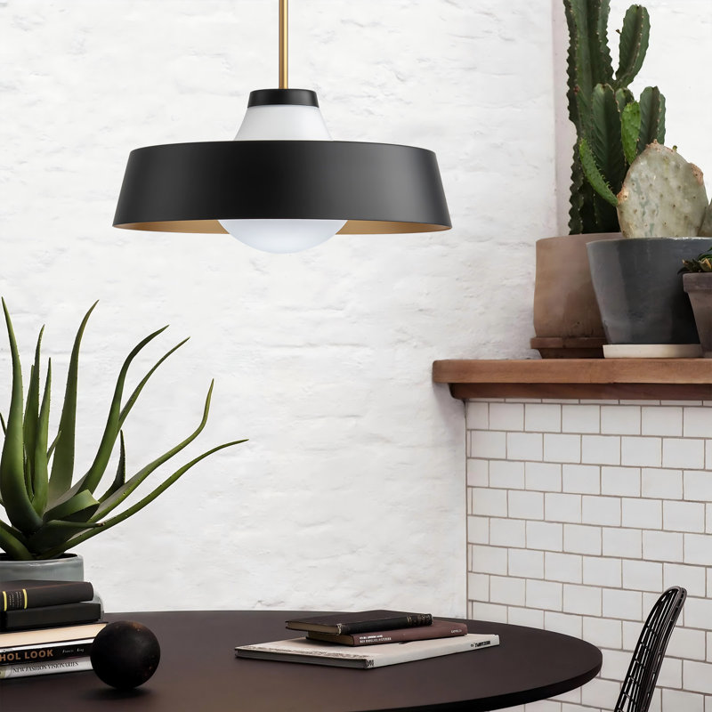 Edford 1-Light Single Metal Glass Shaded Kitchen Island Pendant Light, Black
