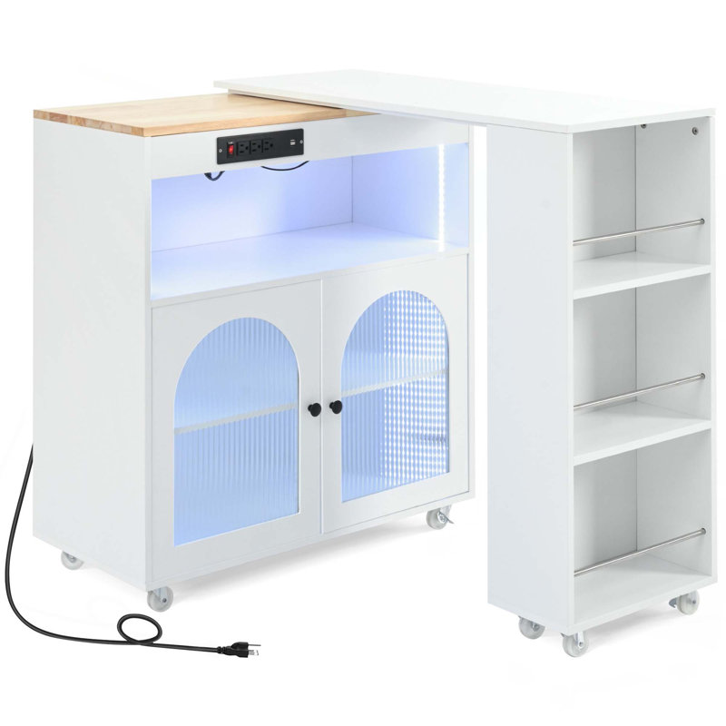 Rolling Kitchen Island With Extended Table, Kitchen island on Wheels with LED Lights,Power Outlets and 2 Fluted Glass Doors,Kitchen Island with a Storage Compartment and Side 3 Open Shelves