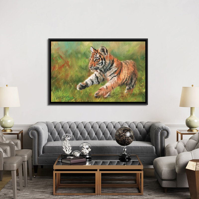 « tiger cub running », impression sur toile, H 18 po x l 26 po x P 1,5 po, Toile avec cadre noir, Pas de tapis