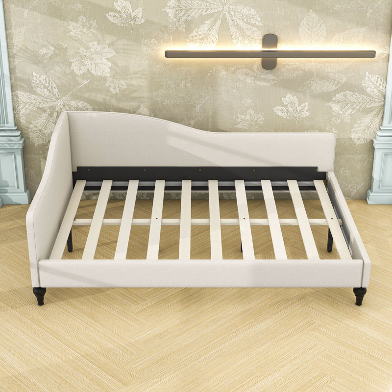 Linen Upholstered L-Shaped Daybed with Semi-Enclosed Design, Beige , Full