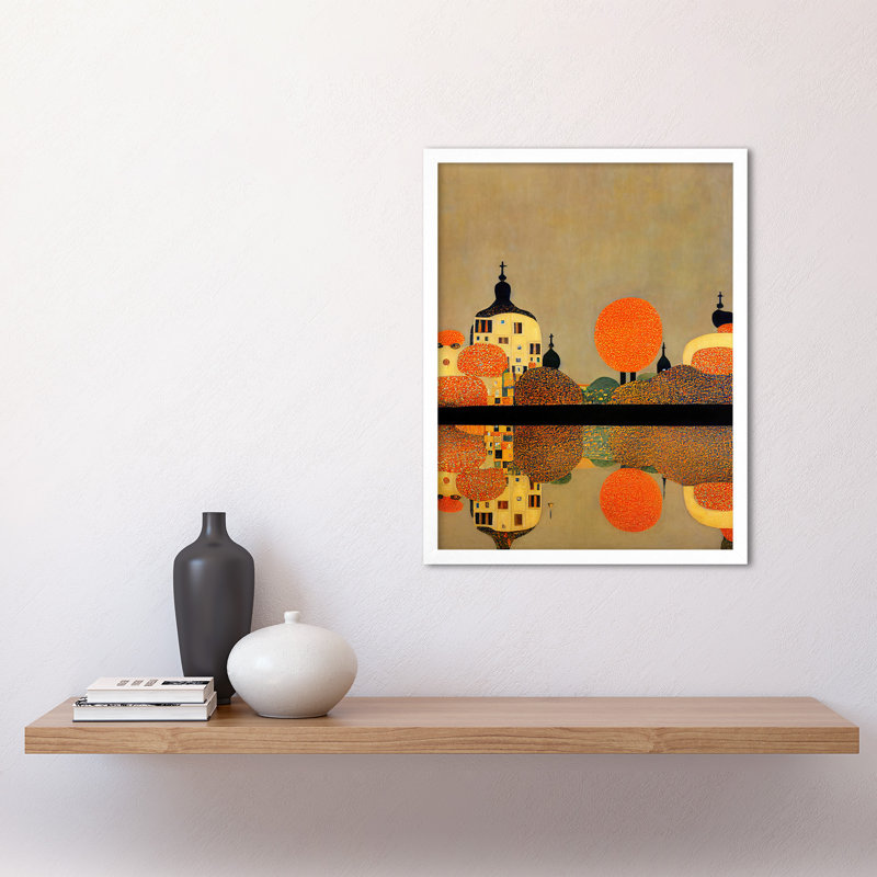 Klimt Style Autumn Lakeside Town Church - Print, 43cm H x 33cm W x 2cm D, White Framed Unframed