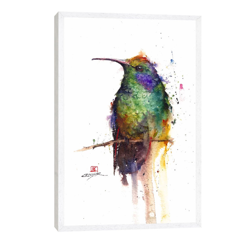 Green Bird by Dean Crouser - Floater Frame Painting on Canvas, White