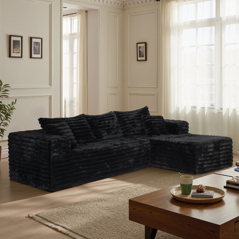 Canapé 2 pièces avec coussin Kustas Boneless, Velours côtelé noir