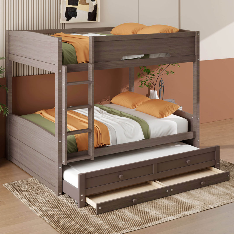 Lit superposé Queen avec rangement et lit gigogne, lit superposé avec lit gigogne pour 3 personnes, échelle et barrières de sécurité, cadre en bois massif