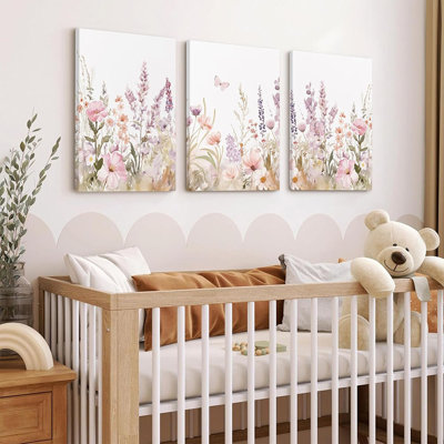 Pépinière, art mural floral, aquarelle, fleurs sauvages, décoration murale, mauve, images de fleurs roses, chambre d'enfant