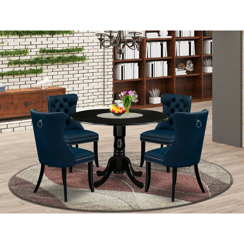 5 Piece Modern Dining Table Set Includes a Round Kitchen Table with Dropleaf and 4 Polyester Fabric Upholstered Chairs, 42x42 Inch, Black