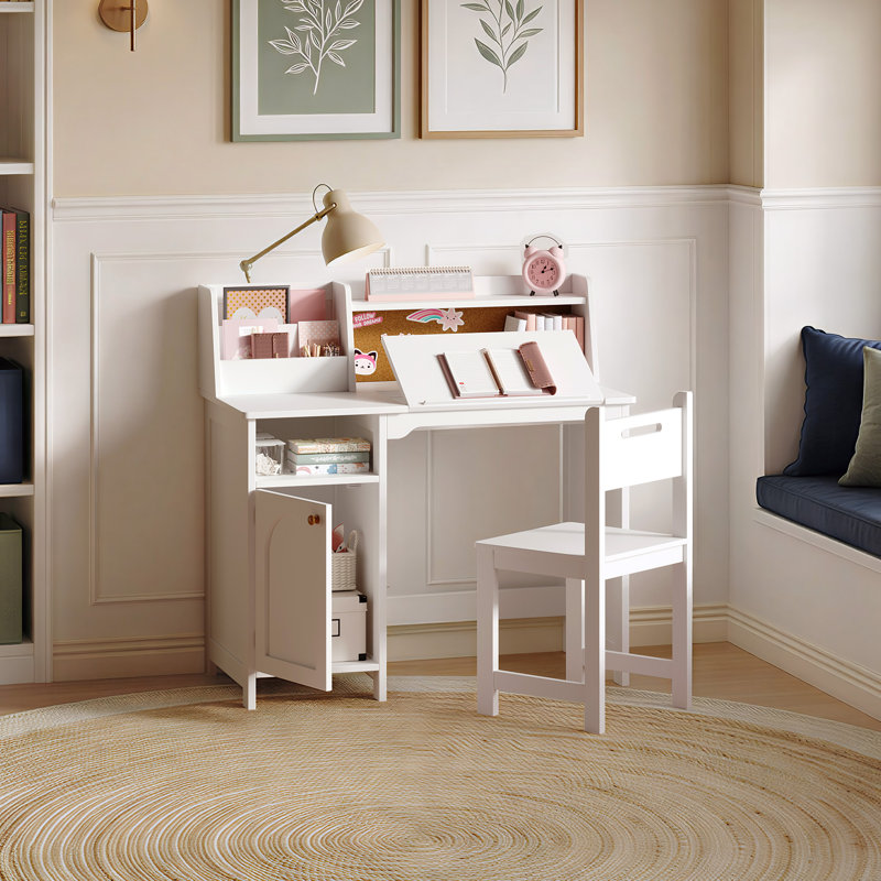 41.3'' W Kids Study Desk with Tiltable Desktop and Chair Set, White