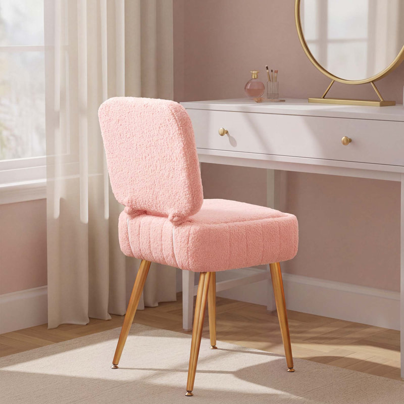Tabouret de coiffeuse rembourré en polaire Teddy avec rangement et dossier pliant, Rose