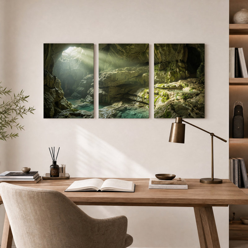 Ensemble de 3 toiles murales représentant une grotte ensoleillée avec de la mousse verte et de l'eau turquoise
