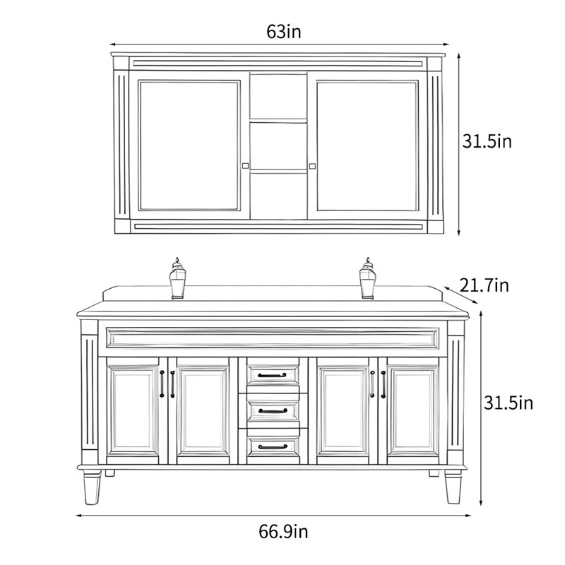 American retro floor-standing bathroom Vanity, 31.5" H x 66.9" W x 21.7" D