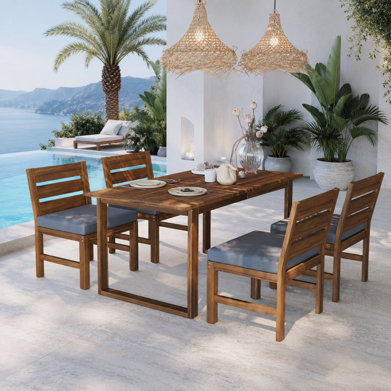 Ensemble de salle à manger 5 pièces en bois d'acacia avec 4 chaises rembourrées et une table à lattes, Gris
