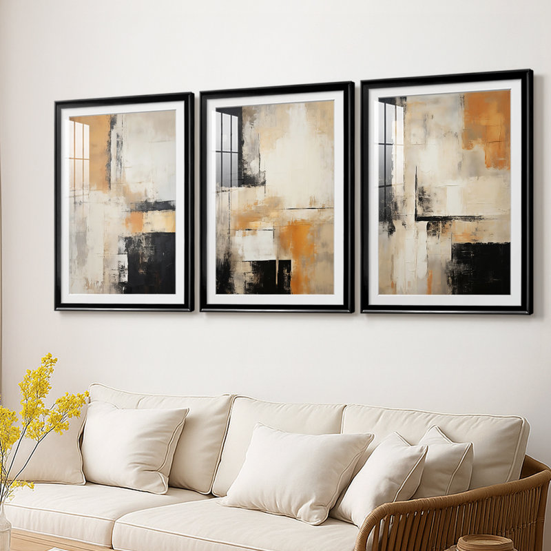 ABSTRACT Series CECLXX - Impression encadrée sur mesure de qualité supérieure - 3 pièces, H 30 po x l 63 po, Noir