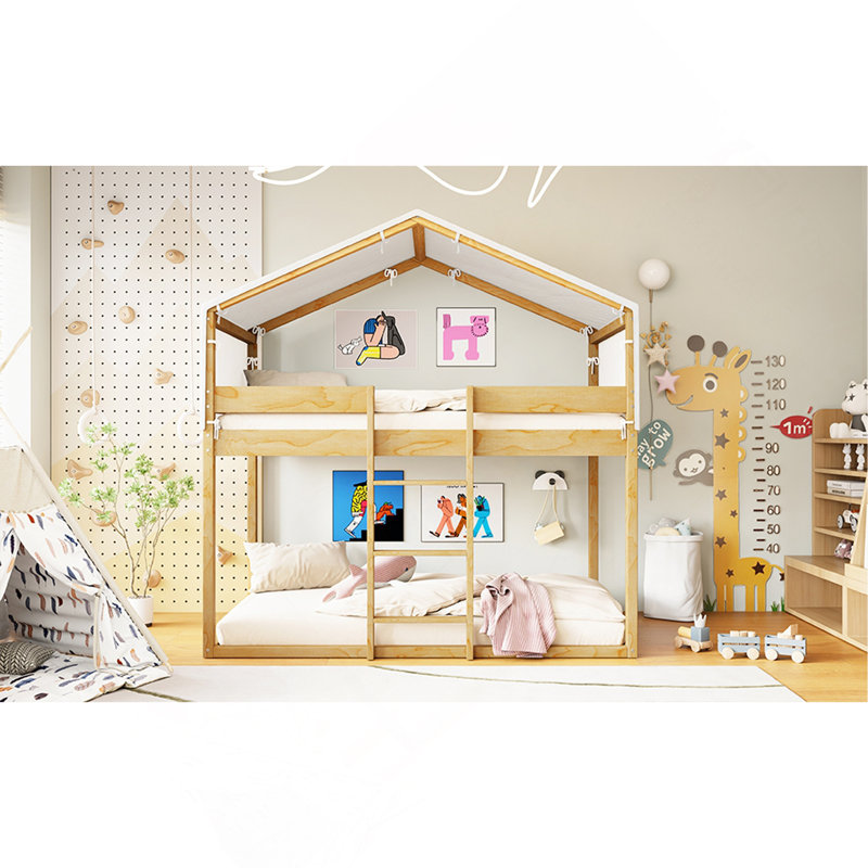 Lit simple superposé en bois avec tente, Naturel