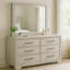Commode large Simone, 6 tiroirs et pieds blocs, bois blanc antique