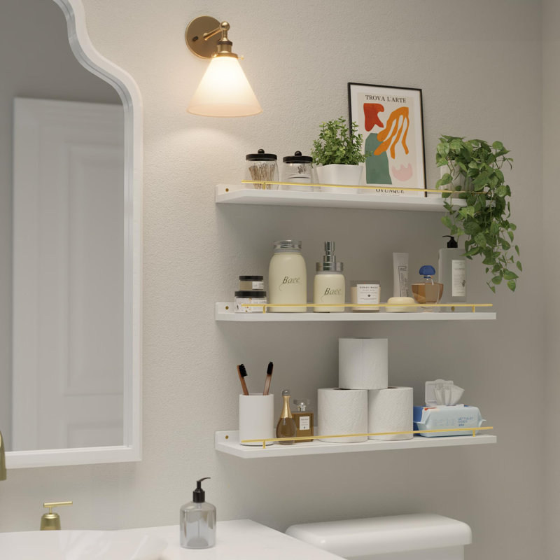White Pine Wood Floating Shelves with Gold Metal Guardrail, Set of 3