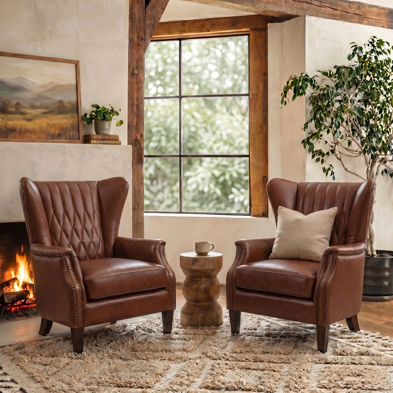 Ameliah Genuine Leather Wingback Chair, Brown Genuine Leather