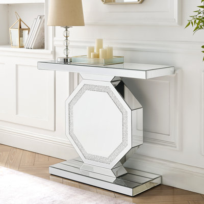 Console miroir à base octogonale, table d'entrée argentée miroir, table d'appoint étroite et moderne pour salon, couloir ou hall d'entrée. 90 cm (L) x 30 cm (P) x 75 cm (H)