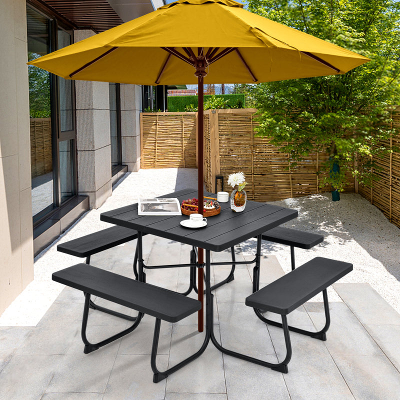 HDPE Picnic Table Bench Set With Umbrella Hole For 6-8, Black