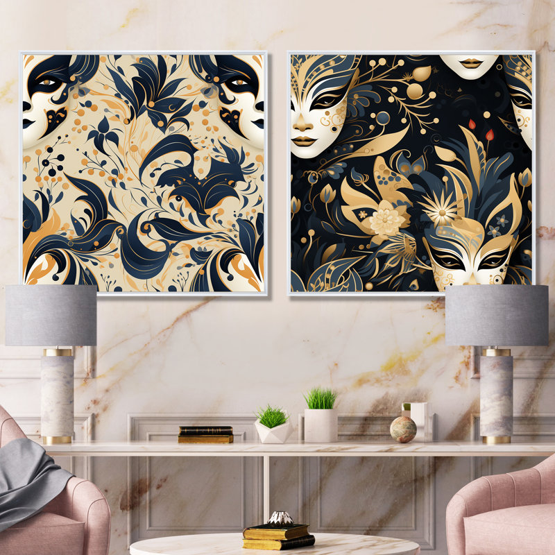 Motif doré Venice Masquerade II - ensemble de 2 décorations murales abstraites, Cadre blanc, H 30 po x l 61 po x P 1 po
