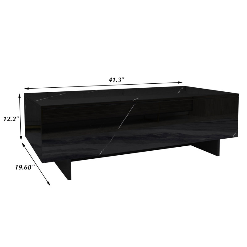Khiry Sled Marble Rectangle High Gloss Coffee Table Elegant Center Table Side Table, Black, 12.2" H x 42.5" L x 22" W