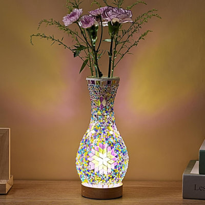 Mosaic Vase Lamp, Turkish Moroccan Table Lamp, Handmade Glass Vase with Wood Base for Flowers, USB Power for Living Room or Bedroom Decoration