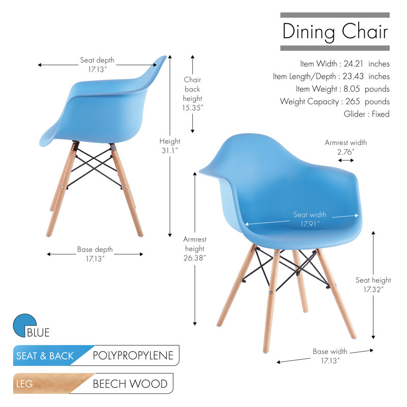 Hermina Plastic Dining Chair with Beechwood Legs, Blue, 4