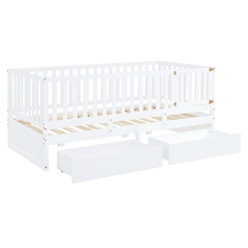 Lit de jour simple blanc avec garde-corps et tiroirs, peu encombrant dans la chambre à coucher, pouvant se diviser en deux lits, coffre-fort pour les frères et sœurs convertible en lit au sol, petits enfants confortables, pin de qualité