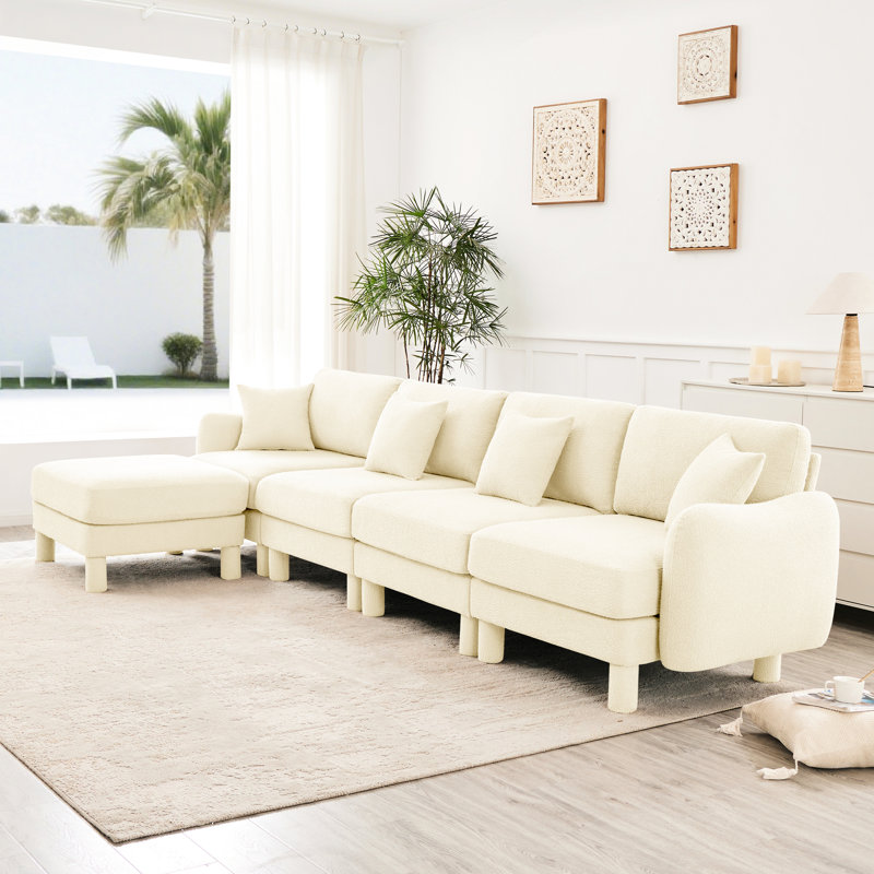 4 Sectional In Boucle Fabric With Convertible L Shape, Shell-Shaped , Removable , And Self Wrapped Legs, Beige For A Stylish Look Distinctive Cylindrical Comfortable Seating