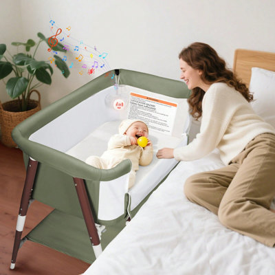 3 In 1 Baby Bassinet w/ Music Toys & 5 Height Adjustable For Boys Girls Newborn, Portable Babies Bedside Crib Sleeper With 4 Detachable Wheels, Breathable Mesh & Mattress, Mosquito Net & Storage Basket And Carry Bag for Infant Toddler, Green